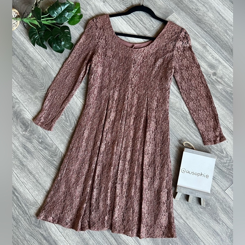 All That Jazz Vintage 90s Lace Long Sleeve Pleated Babydoll Dress in Brown 7 / 8